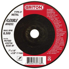 Value Collection - 60 Grit, 7" Wheel Diam, 1/8" Wheel Thickness, Type 27 Depressed Center Wheel - Aluminum Oxide, 8,500 Max RPM - Americas Industrial Supply