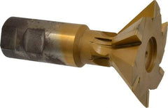 Made in USA - 3" Diam x 1" Width of Cut, 45° Included Angle, Carbide-Tipped Dovetail Cutter - 1-1/4" Shank Diam, 4-1/2" Overall Length, 0.02" Corner Radius, Weldon Flat, TiN Coated - Americas Industrial Supply