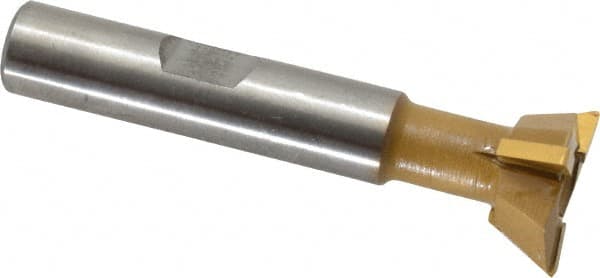 Made in USA - 3/4" Diam x 1/4" Width of Cut, 60° Included Angle, Carbide-Tipped Dovetail Cutter - 3/8" Shank Diam, 2-1/4" Overall Length, 0.02" Corner Radius, Weldon Flat, TiN Coated - Americas Industrial Supply