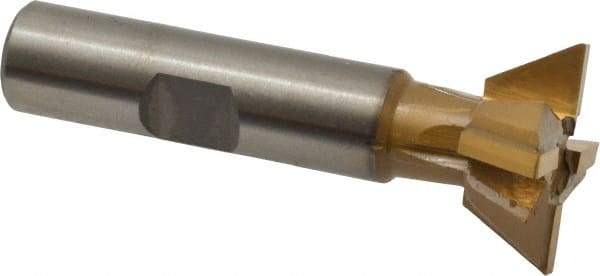Made in USA - 1" Diam x 3/8" Width of Cut, 60° Included Angle, Carbide-Tipped Dovetail Cutter - 1/2" Shank Diam, 2-1/2" Overall Length, 0.02" Corner Radius, Weldon Flat, TiN Coated - Americas Industrial Supply
