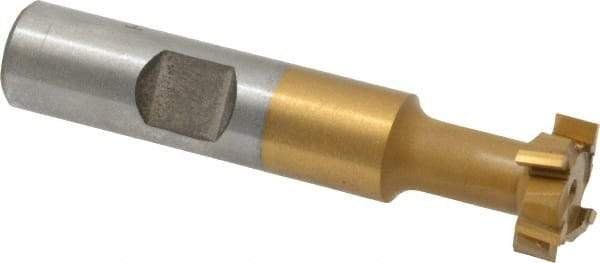 Made in USA - 21/32" Cut Diam, 17/64" Cut Width, 21/64" Neck Diam, 1/2" Shank Diam, 2-11/16" OAL, Carbide-Tipped T-Slot Cutter - TiN Finish, 5/16" Bolt, 1-13/16" Shank Length, Staggered Teeth, 6 Teeth, Weldon Flat - Americas Industrial Supply