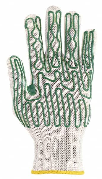 Whizard - Size L (9), ANSI Cut Lvl 5, Polyurethane Coated Cut Resistant Gloves - Palm & Fingers Coated, Knit Wrist, Tan/Green, Right - Americas Industrial Supply