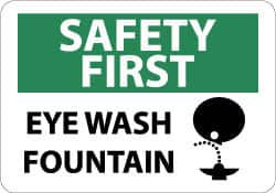 NMC - "Safety First - Eye Wash Fountain", 10" Long x 14" Wide, Pressure-Sensitive Vinyl Safety Sign - Rectangle, 0.004" Thick, Use for First Aid - Americas Industrial Supply