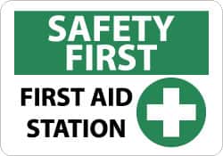 NMC - "Safety First - First Aid Station", 10" Long x 14" Wide, Aluminum Safety Sign - Rectangle, 0.04" Thick, Use for First Aid - Americas Industrial Supply