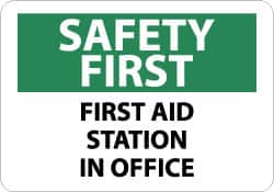 NMC - "Safety First - First Aid Station in Office", 10" Long x 14" Wide, Pressure-Sensitive Vinyl Safety Sign - Rectangle, 0.004" Thick, Use for First Aid - Americas Industrial Supply