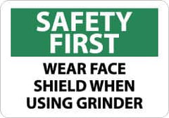 NMC - "Safety First - Wear Face Shield When Using Grinder", 10" Long x 14" Wide, Pressure-Sensitive Vinyl Safety Sign - Rectangle, 0.004" Thick, Use for Accident Prevention - Americas Industrial Supply