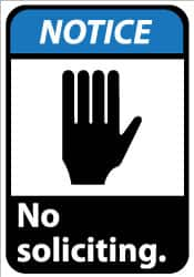 NMC - "Notice - No Soliciting", 14" Long x 10" Wide, Pressure-Sensitive Vinyl Safety Sign - Rectangle, 0.004" Thick, Use for Security & Admittance - Americas Industrial Supply