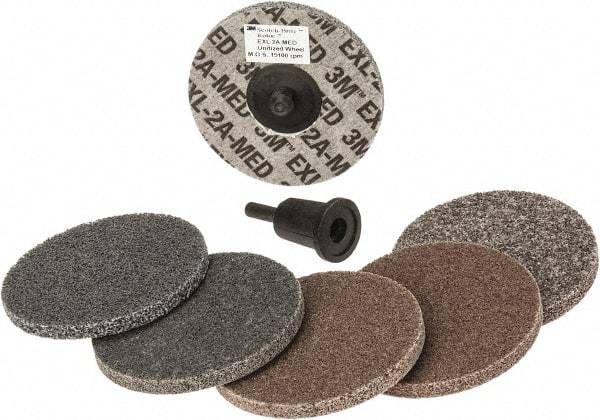 3M - 7 Piece Deburring Kit - 3" Diam Unitized Wheels in Fine, Medium & Coarse Grades, Quick Change Connection - Americas Industrial Supply