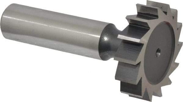 Interstate - 1-1/4" Diam x 5/16" Face Width, High Speed Steel, 14 Teeth, Shank Connection Woodruff Keyseat Cutter - Uncoated, 2-5/16" OAL x 1/2" Shank, Straight Teeth, ANSI 1010, Old Standard D - Americas Industrial Supply