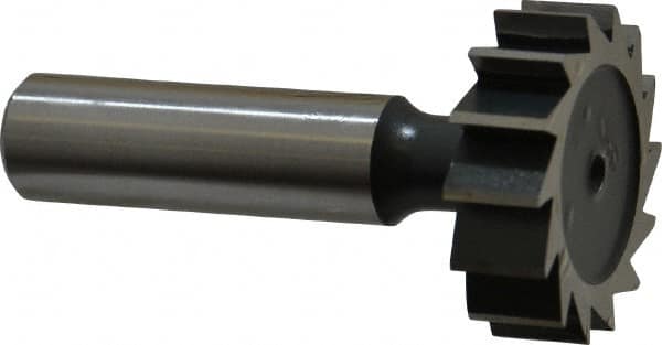 Interstate - 1-1/4" Diam x 3/8" Face Width, High Speed Steel, 14 Teeth, Shank Connection Woodruff Keyseat Cutter - Uncoated, 2-3/8" OAL x 1/2" Shank, Straight Teeth, ANSI 1210, Old Standard E - Americas Industrial Supply