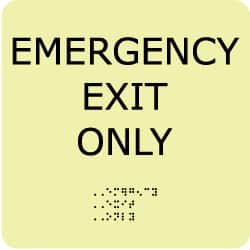 NMC - Emergency Exit Only, Plastic Exit Sign - 8" Wide x 8" High, English/Braille, Glow-in-the-Dark - Americas Industrial Supply