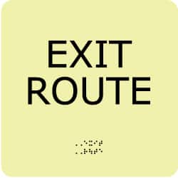NMC - Exit Route, Plastic Exit Sign - 8" Wide x 8" High, English/Braille, Glow-in-the-Dark - Americas Industrial Supply