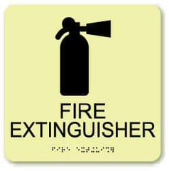 NMC - Fire Extinguisher, Plastic Fire Sign - 8" Wide x 8" High, English/Braille, Glow-in-the-Dark - Americas Industrial Supply