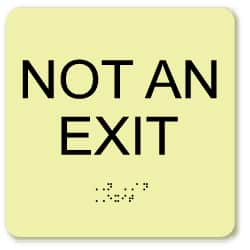NMC - Not an Exit, Plastic Exit Sign - 8" Wide x 8" High, English/Braille, Glow-in-the-Dark - Americas Industrial Supply