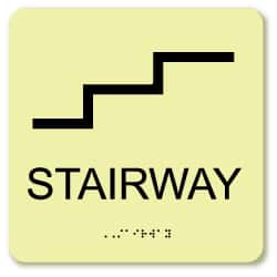 NMC - Stairway, Plastic Exit Sign - 8" Wide x 8" High, English/Braille, Glow-in-the-Dark - Americas Industrial Supply