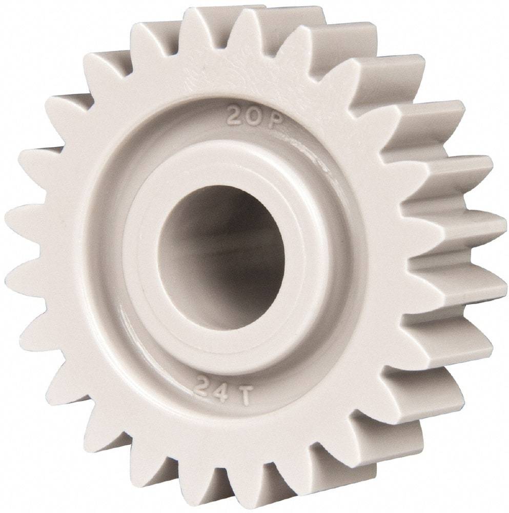 Made in USA - 20 Pitch, 1.2" Pitch Diam, 1.3" OD, 24 Tooth Spur Gear - 3/8" Face Width, 3/8" Bore Diam, 47/64" Hub Diam, 20° Pressure Angle, Acetal - Americas Industrial Supply