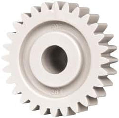 Made in USA - 20 Pitch, 1.4" Pitch Diam, 1.4" OD, 28 Tooth Spur Gear - 3/8" Face Width, 3/8" Bore Diam, 47/64" Hub Diam, 20° Pressure Angle, Acetal - Americas Industrial Supply