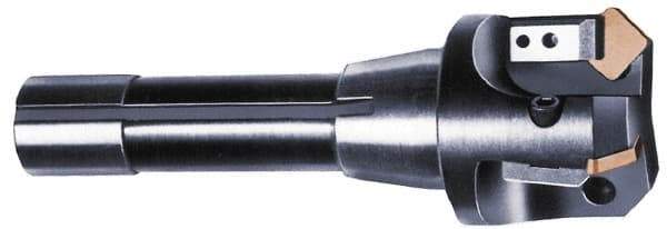 APT - 15° Lead Angle, 2" Max Cut Diam, 0.4063" Max Depth of Cut, Indexable Chamfer and Angle End Mill - 3 Inserts, SPC 42ZR, SPG 42., SPU 42. Insert Style, 3" OAL, Straight Shank - Americas Industrial Supply