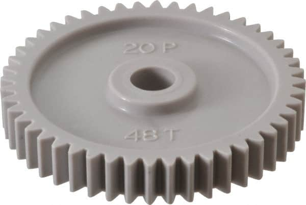 Made in USA - 20 Pitch, 2.4" Pitch Diam, 2-1/2" OD, 48 Tooth Spur Gear - 3/8" Face Width, 3/8" Bore Diam, 47/64" Hub Diam, 20° Pressure Angle, Acetal - Americas Industrial Supply