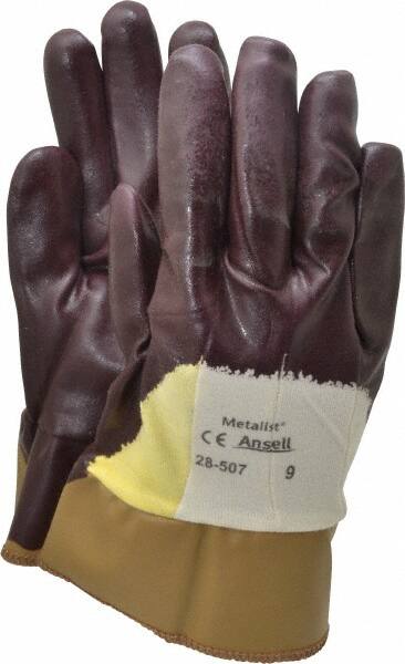 Ansell - Size L (9), ANSI Cut Lvl 2, Abrasion Lvl 3, Nitrile Coated Cut Resistant Gloves - Palm, Fingers & Knuckles Coated, Cotton/Kevlar Lining, Safety Cuff, Brown, Paired - Americas Industrial Supply