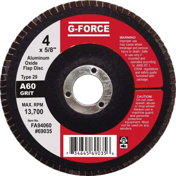 Value Collection - 60 Grit, 4" Disc Diam, 5/8" Center Hole, Type 29 Aluminum Oxide Flap Disc - 13,500 Max RPM, Fiberglass Backing, Arbor Attaching System, Coated - Americas Industrial Supply