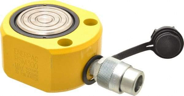 Enerpac - 30 Ton, 0.5" Stroke, 3.25 Cu In Oil Capacity, Portable Hydraulic Flat Body Cylinder - 6.49 Sq In Effective Area, 2.31" Lowered Ht., 2.81" Max Ht., 2.88" Cyl Bore Diam, 2.5" Plunger Rod Diam, 10,000 Max psi - Americas Industrial Supply