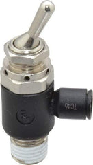 Legris - 1/4" OD, 1/4 NPT, Nylon/Nickel Plated Brass Push-to-Connect Manually Operated 3-Way Venting Valve - 230 Max psi, Black - Americas Industrial Supply