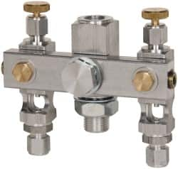 LDI Industries - 5/8-18 Outlet Thread, 1/4 Inlet Thread, Aluminum, Straight Valve, Oil Reservoir Needle Valve Manifold - 2 Outlet, 4-3/16" Wide, NPTF Inlet Thread, UNF Outlet Thread - Americas Industrial Supply