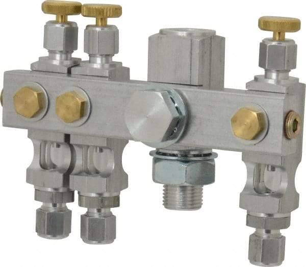 LDI Industries - 5/8-18 Outlet Thread, 1/4 Inlet Thread, Aluminum, Straight Valve, Oil Reservoir Needle Valve Manifold - 3 Outlet, 4-15/16" Wide, NPTF Inlet Thread, UNF Outlet Thread - Americas Industrial Supply