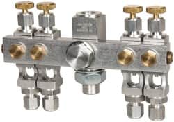 LDI Industries - 5/8-18 Outlet Thread, 1/4 Inlet Thread, Aluminum, Straight Valve, Oil Reservoir Needle Valve Manifold - 4 Outlet, 5-11/16" Wide, NPTF Inlet Thread, UNF Outlet Thread - Americas Industrial Supply