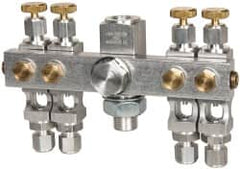 LDI Industries - 5/8-18 Outlet Thread, 1/4 Inlet Thread, Aluminum, Straight Valve, Oil Reservoir Needle Valve Manifold - 4 Outlet, 5-11/16" Wide, NPTF Inlet Thread, UNF Outlet Thread - Americas Industrial Supply