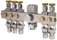 LDI Industries - 5/8-18 Outlet Thread, 1/4 Inlet Thread, Aluminum, Straight Valve, Oil Reservoir Needle Valve Manifold - 5 Outlet, 6-7/16" Wide, NPTF Inlet Thread, UNF Outlet Thread - Americas Industrial Supply