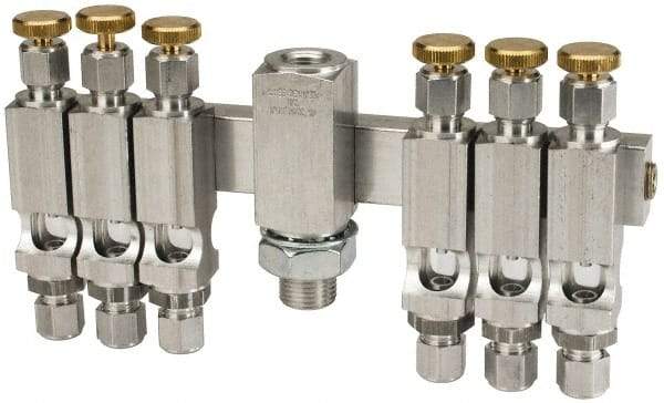 LDI Industries - 5/8-18 Outlet Thread, 1/4 Inlet Thread, Aluminum, Straight Valve, Oil Reservoir Needle Valve Manifold - 6 Outlet, 7-3/16" Wide, NPTF Inlet Thread, UNF Outlet Thread - Americas Industrial Supply