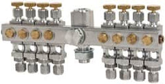 LDI Industries - 5/8-18 Outlet Thread, 1/4 Inlet Thread, Aluminum, Straight Valve, Oil Reservoir Needle Valve Manifold - 8 Outlet, 8-11/16" Wide, NPTF Inlet Thread, UNF Outlet Thread - Americas Industrial Supply