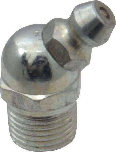 Alemite - 45° Head Angle, 1/8 PTF Steel Standard Grease Fitting - 7/16" Hex, 57/64" Overall Height, 19/64" Shank Length, 10,000 Operating psi, Zinc Plated Finish - Americas Industrial Supply