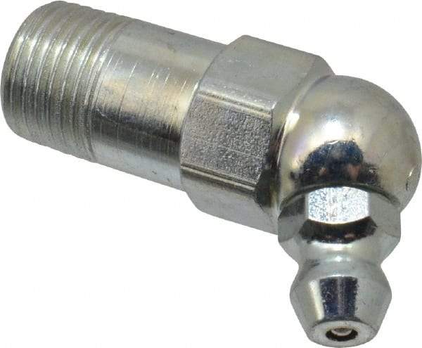 Alemite - 65° Head Angle, 1/8 PTF Carbon Steel Standard Grease Fitting - 7/16" Hex, 1-7/32" Overall Height, 9/16" Shank Length, 10,000 Operating psi, Zinc Plated Finish - Americas Industrial Supply