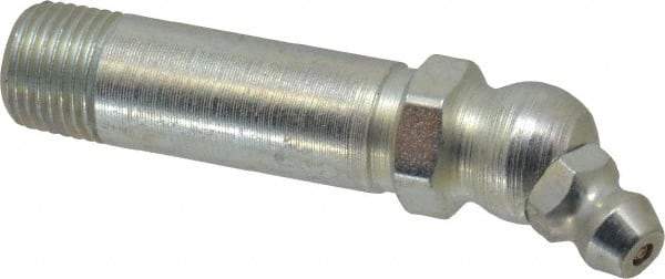 Alemite - 30° Head Angle, 1/8 PTF Carbon Steel Standard Grease Fitting - 7/16" Hex, 2-3/32" Overall Height, 1-1/4" Shank Length, 10,000 Operating psi, Zinc Plated Finish - Americas Industrial Supply