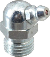 Alemite - 67.5° Head Angle, 1/4 PTF Carbon Steel Standard Grease Fitting - 9/16" Hex, 31/32" Overall Height, 11/32" Shank Length, 10,000 Operating psi, Zinc Plated Finish - Americas Industrial Supply