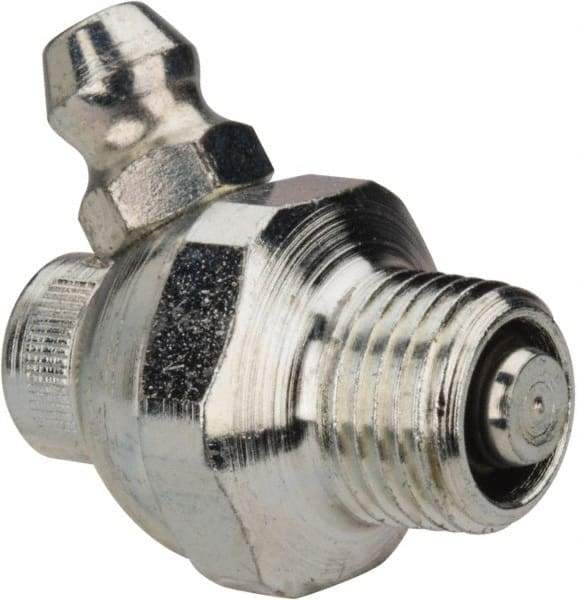 Alemite - 60° Head Angle, 1/8 PTF Nickel/Copper Shut-Off Grease Fitting - 5/8" Hex, 1" Overall Height, 17/64" Shank Length, Zinc Plated Finish - Americas Industrial Supply