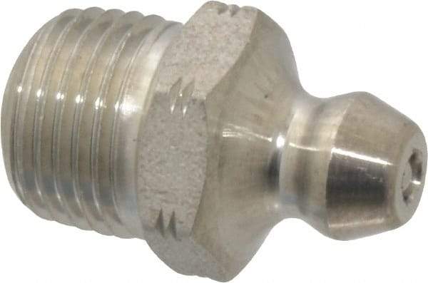 Alemite - Straight Head Angle, 1/8 PTF Stainless Steel Standard Grease Fitting - 7/16" Hex, 3/4" Overall Height, 5/16" Shank Length - Americas Industrial Supply