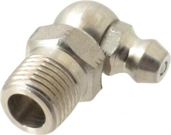 Alemite - 90° Head Angle, 1/8 PTF Stainless Steel Standard Grease Fitting - 7/16" Hex, 7/8" Overall Height, 11/32" Shank Length - Americas Industrial Supply