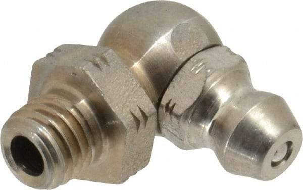 Alemite - 90° Head Angle, 1/4-28 Taper Stainless Steel Standard Grease Fitting - 3/8" Hex, 3/4" Overall Height, 13/64" Shank Length - Americas Industrial Supply
