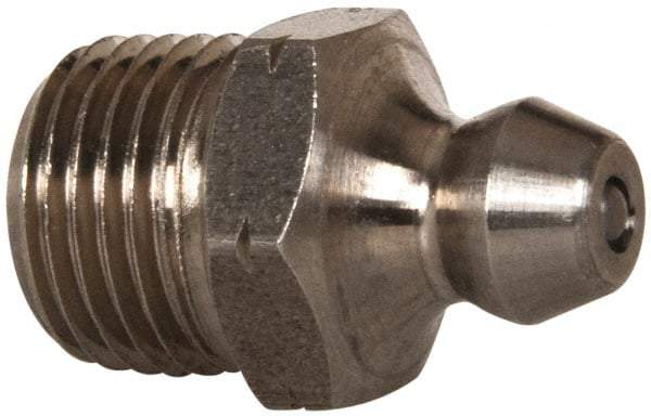 Alemite - Straight Head Angle, 1/4-28 Taper Nickel/Copper Standard Grease Fitting - 5/16" Hex, 17/32" Overall Height, 3/16" Shank Length - Americas Industrial Supply