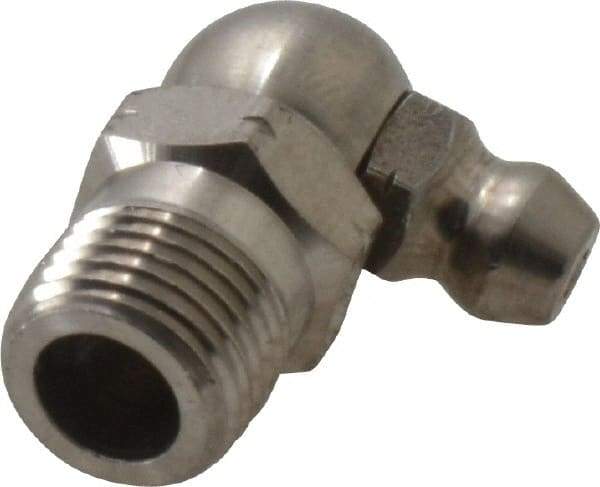 Alemite - 90° Head Angle, 1/8 PTF Nickel/Copper Standard Grease Fitting - 7/16" Hex, 7/8" Overall Height, 11/32" Shank Length - Americas Industrial Supply