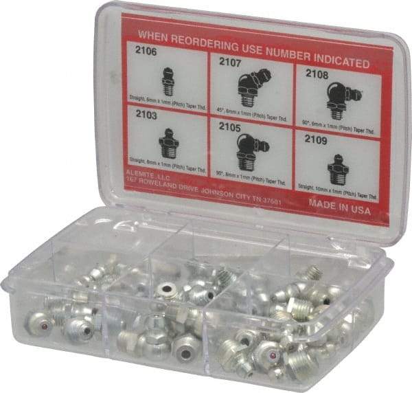 Alemite - 44 Piece, Metric, Box Grease Fitting Set - Includes Metric Thread Types, Includes M10x1: (10) Straight, M6x1: (10) Straight, (6) 45°, (6) 90°, M8x1: (6) Straight, (6) 90° - Americas Industrial Supply