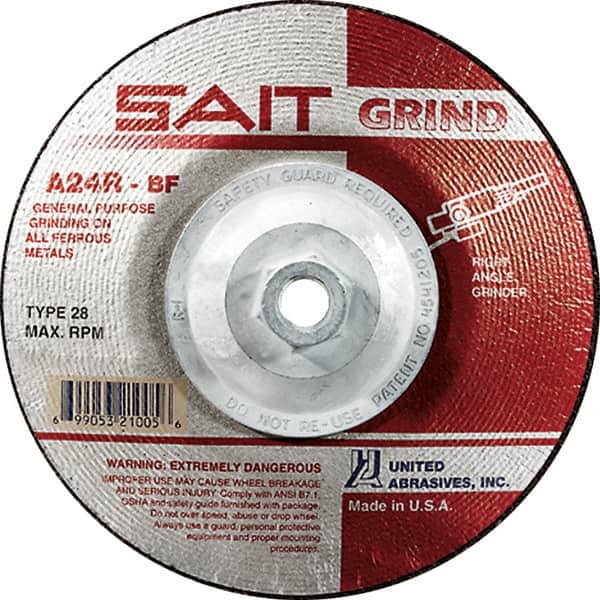Sait - 24 Grit, 4-1/2" Wheel Diam, 1/4" Wheel Thickness, Type 28 Depressed Center Wheel - Aluminum Oxide, Resinoid Bond, R Hardness, 13,300 Max RPM, Compatible with Angle Grinder - Americas Industrial Supply