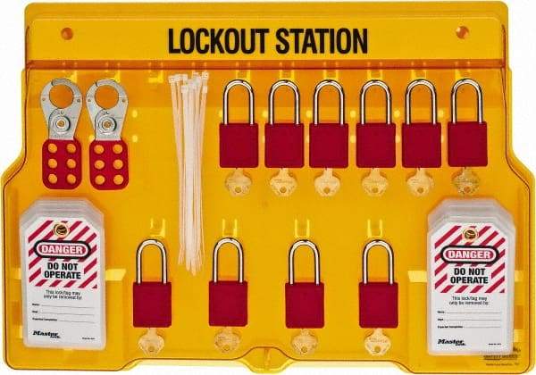 Master Lock - 14 Piece, Equipped Polycarbonate Padlock Station - 22 Inch Wide x 15-1/2 Inch High x 1-3/4 Inch Deep, Black on Yellow, Covered - Americas Industrial Supply