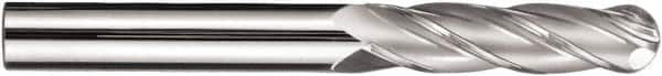 SGS - 5/8" Diam, 2-1/4" LOC, 4 Flute Solid Carbide Ball End Mill - TiN Finish, Single End, 5" OAL, 5/8" Shank Diam, Spiral Flute - Americas Industrial Supply