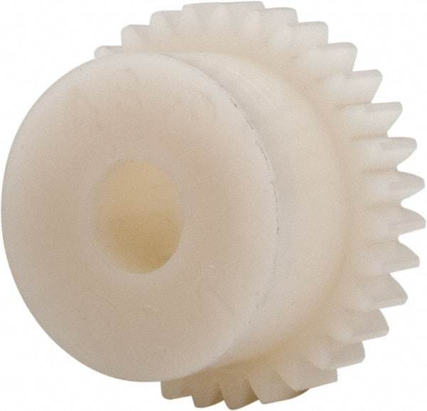 Made in USA - 48 Pitch, 0.667" Pitch Diam, 0.708" OD, 32 Tooth Spur Gear - 1/8" Face Width, 3/16" Bore Diam, 35/64" Hub Diam, 20° Pressure Angle, Acetal - Americas Industrial Supply