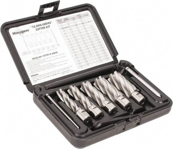 Hougen - 8 Piece, 9/16 to 1-1/16" Cutter Diam, 2" Cutting Depth, High Speed Steel Annular Cutter Set - Bright Finish, 3/4" Shank Diam, 9/16, 11/16, 13/16, 15/16, 1-1/16" Cutter Diams, 2 Flats on Shank - Americas Industrial Supply